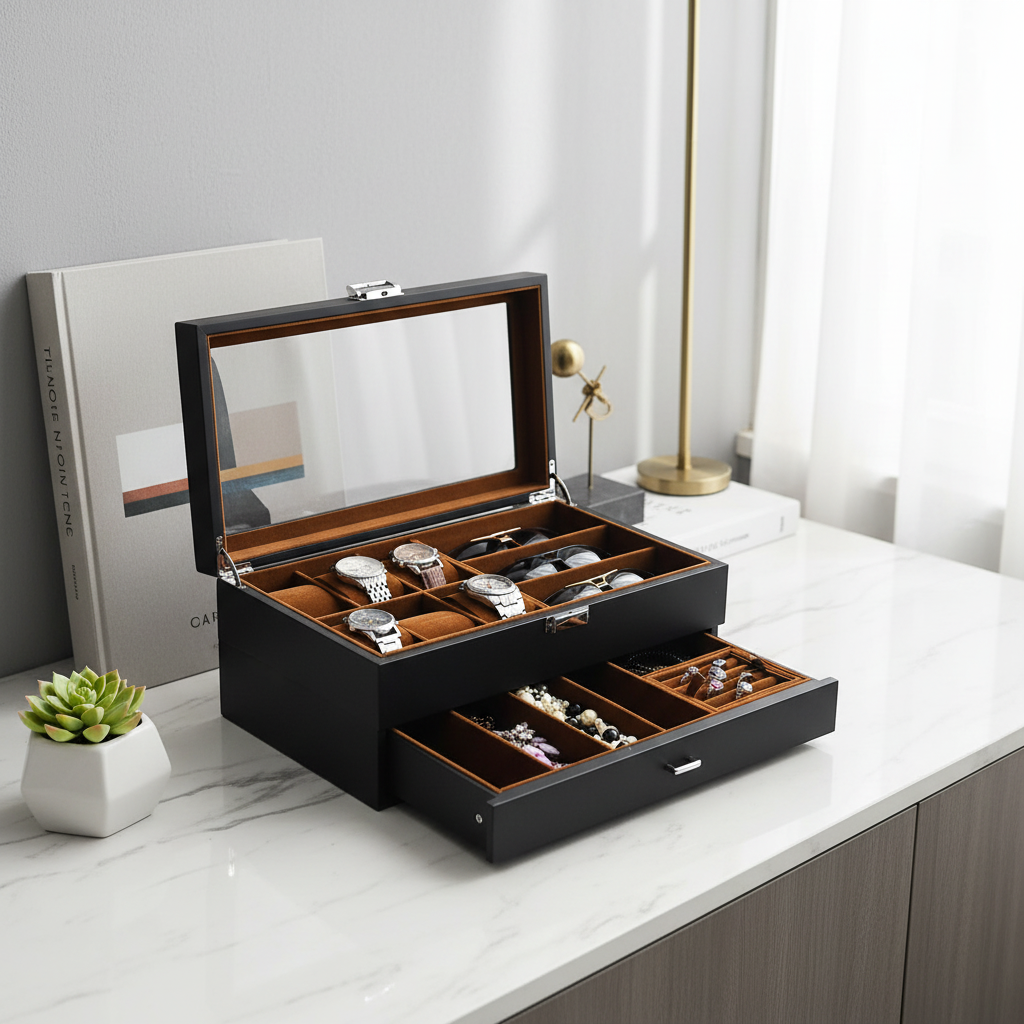 Deluxe Multi‑Compartment Jewelry & Watch Case