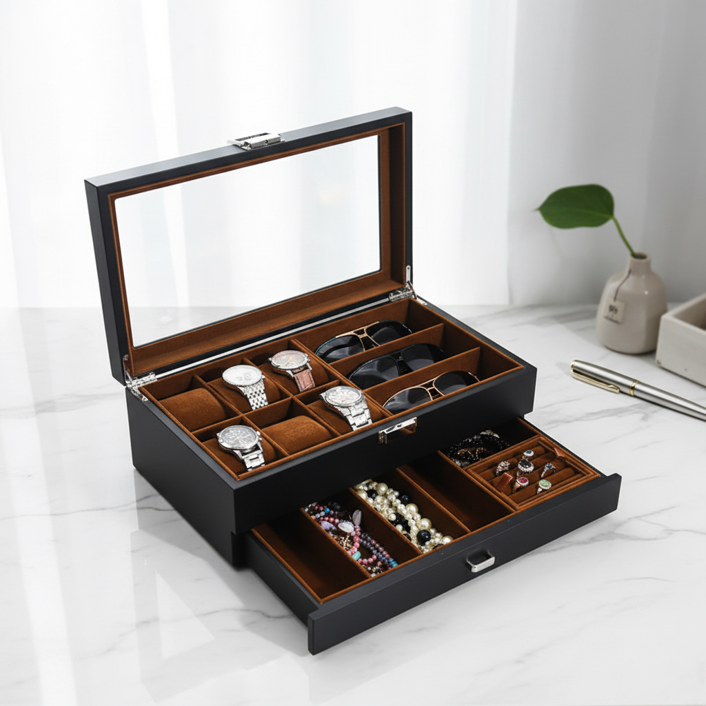 Deluxe Multi‑Compartment Jewelry & Watch Case