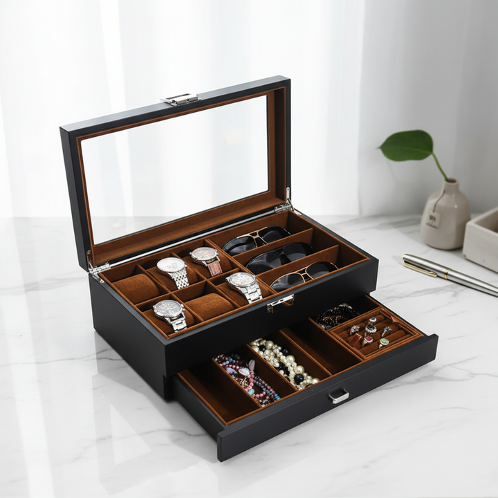 Deluxe Multi‑Compartment Jewelry & Watch Case