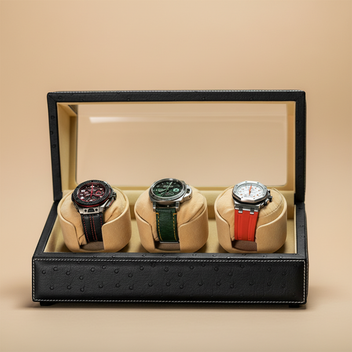 Three watches in a display case with RIKLUX branding and promotional text.