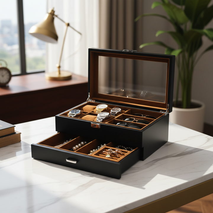 Deluxe Multi‑Compartment Jewelry & Watch Case