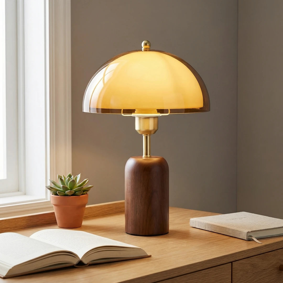 Kaia Solid Walnut and Amber Glass Table Lamp