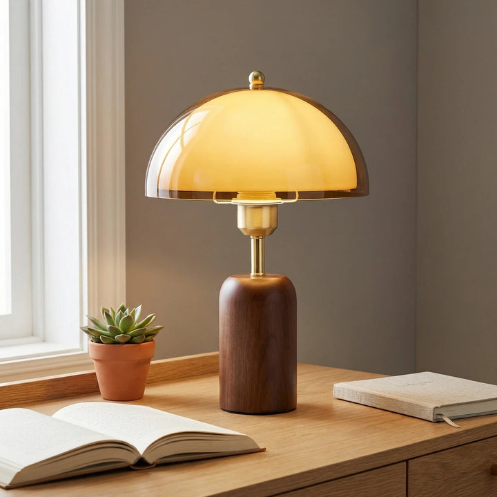 Kaia Solid Walnut and Amber Glass Table Lamp