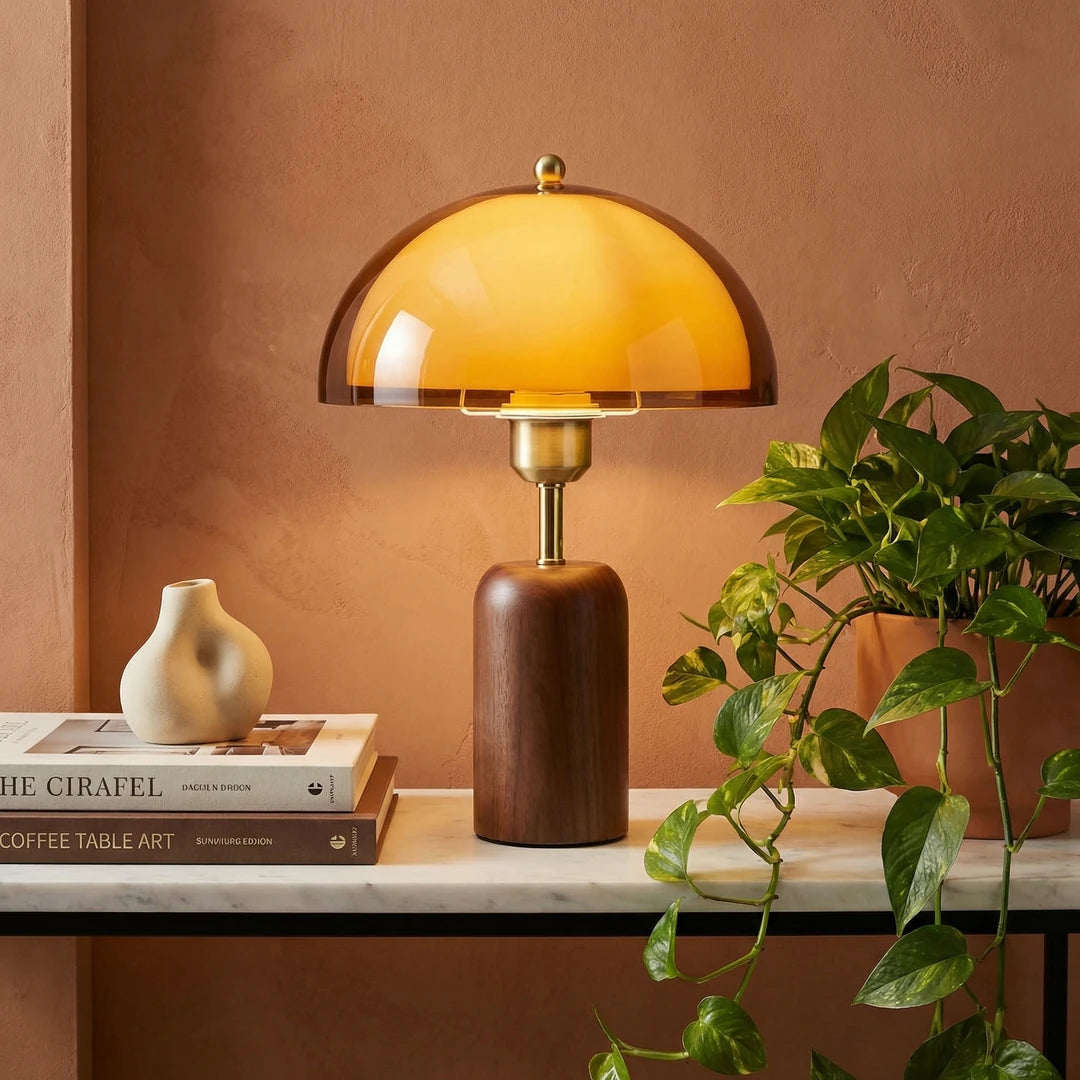 Kaia Solid Walnut and Amber Glass Table Lamp